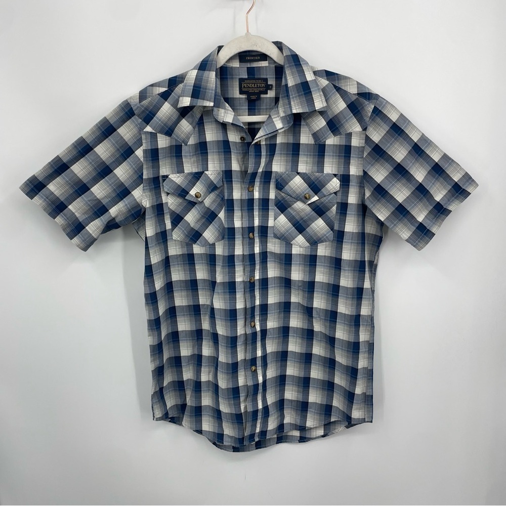 Pendleton Men’s Short Sleeve Snap Buttons Frontier Shirt‎ Sz S blue plaid